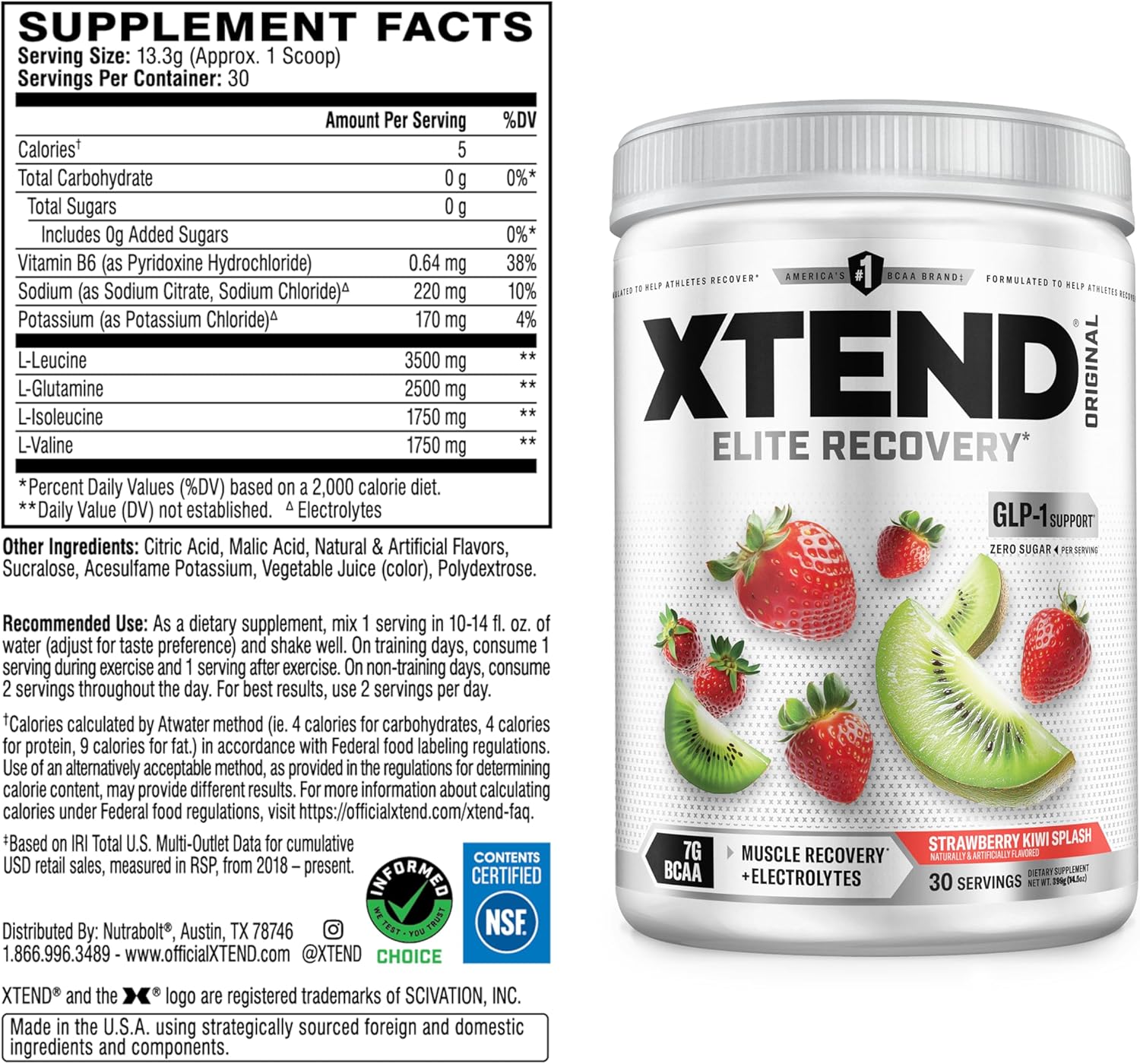 پودر BCAA اکستند مدل XTEND Original، 30 وعده، طعم توت‌فرنگی و کیوی