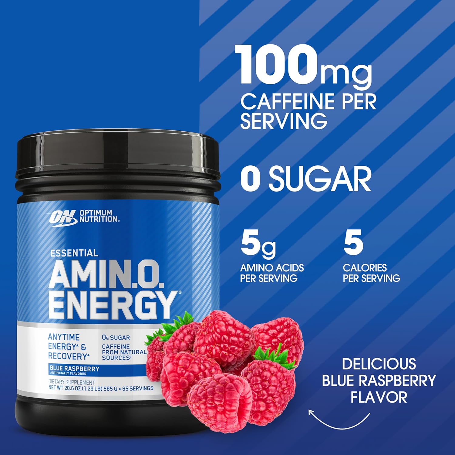 پودر آمینو انرژی و پری‌ورک‌اوت اپتیموم نوتریشن مدل Amino Energy، 65 وعده، طعم تمشک آبی