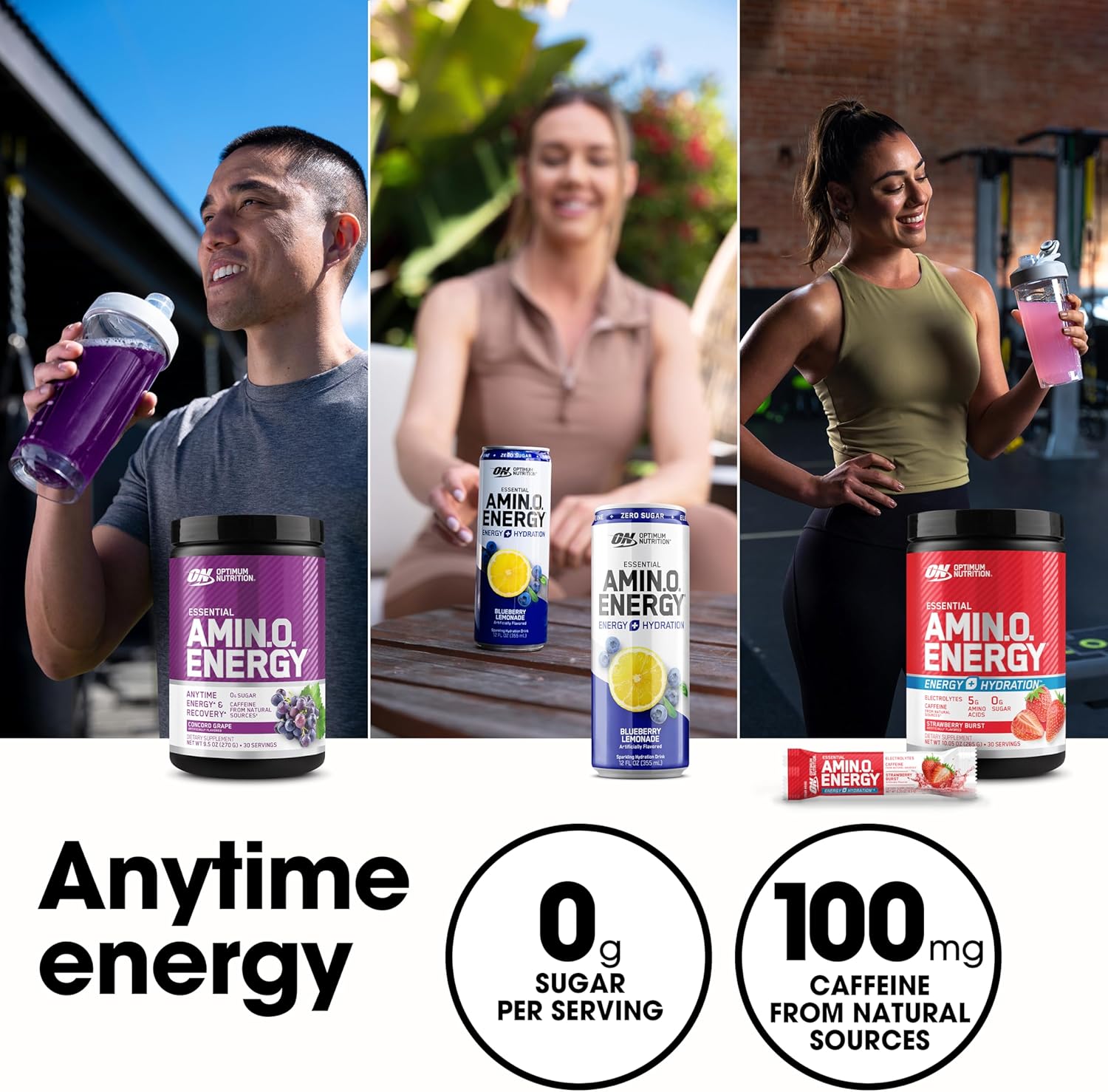 پودر آمینو انرژی و پری‌ورک‌اوت اپتیموم نوتریشن مدل Amino Energy، 65 وعده، طعم تمشک آبی