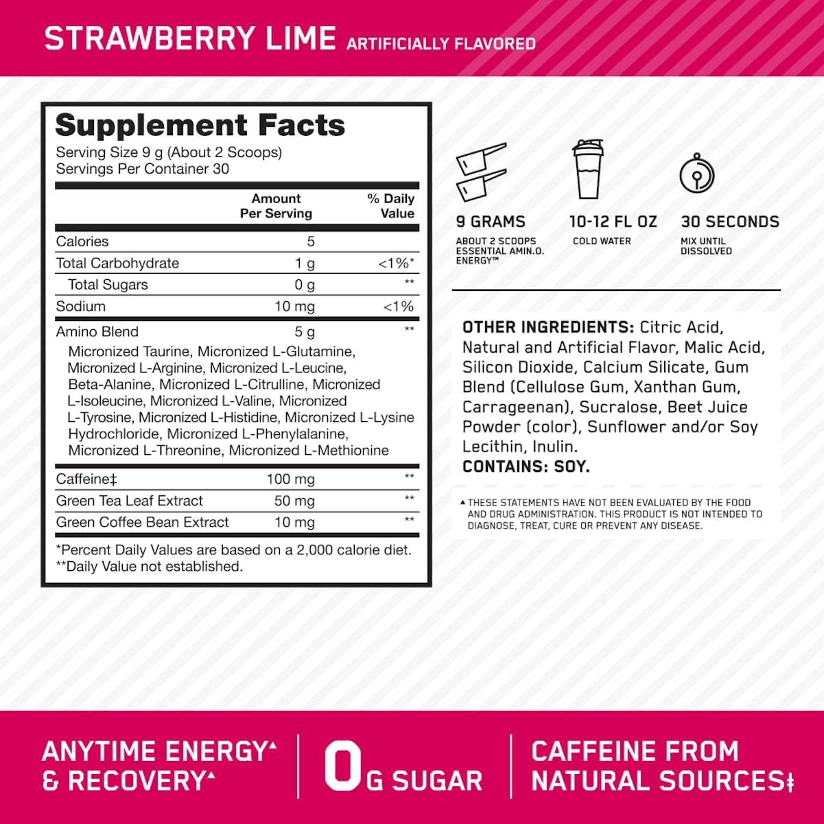 پودر آمینو انرژی و پری‌ورک‌اوت اپتیموم نوتریشن مدل Amino Energy، 30 وعده، طعم توت‌فرنگی و لیمو