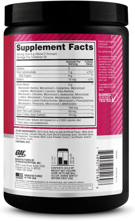 پودر آمینو انرژی و پری‌ورک‌اوت اپتیموم نوتریشن مدل Amino Energy، 30 وعده، طعم توت‌فرنگی و لیمو