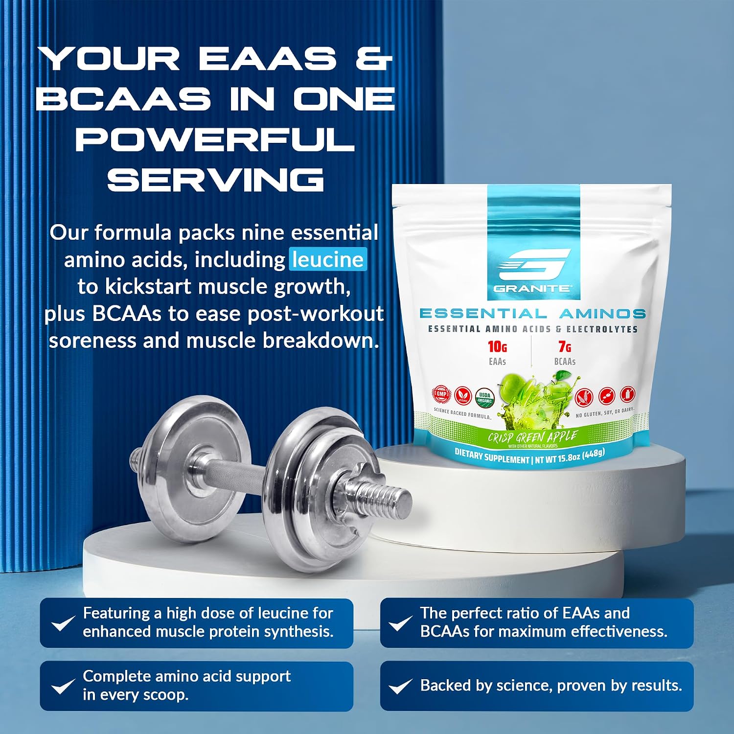 مکمل BCAA و EAA Granite Supplements مدل Essential Amino Acids، طعم سیب سبز