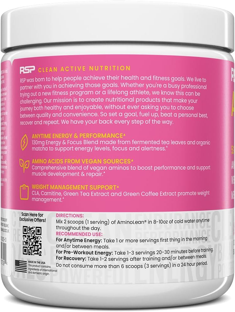 پودر آمینو انرژی و پری‌ورک‌اوت آر اس پی نوتریشن مدل Amino Energy، طعم لیموناد صورتی