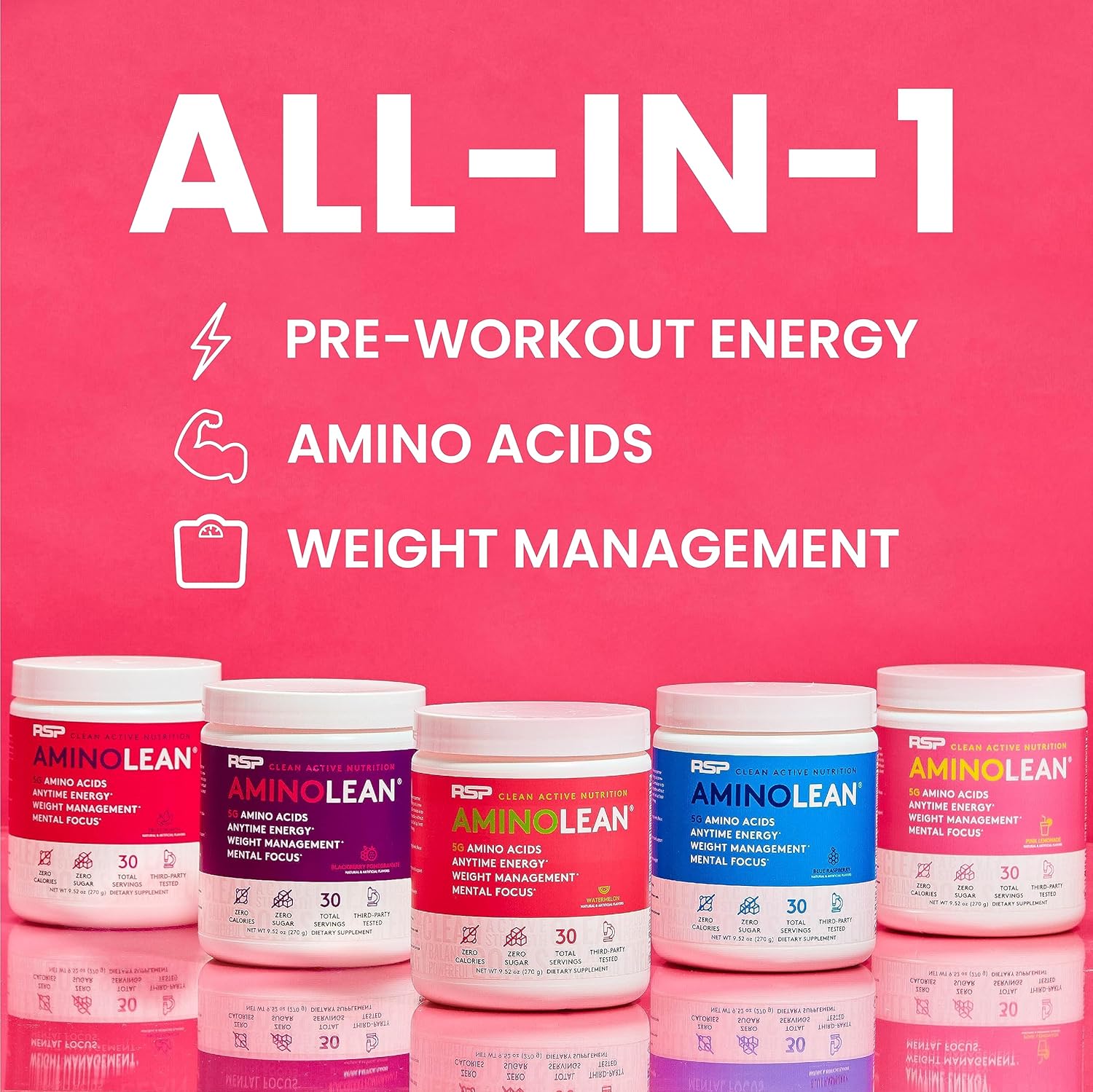 پودر آمینو انرژی و پری‌ورک‌اوت آر اس پی نوتریشن مدل Amino Energy، طعم لیموناد صورتی