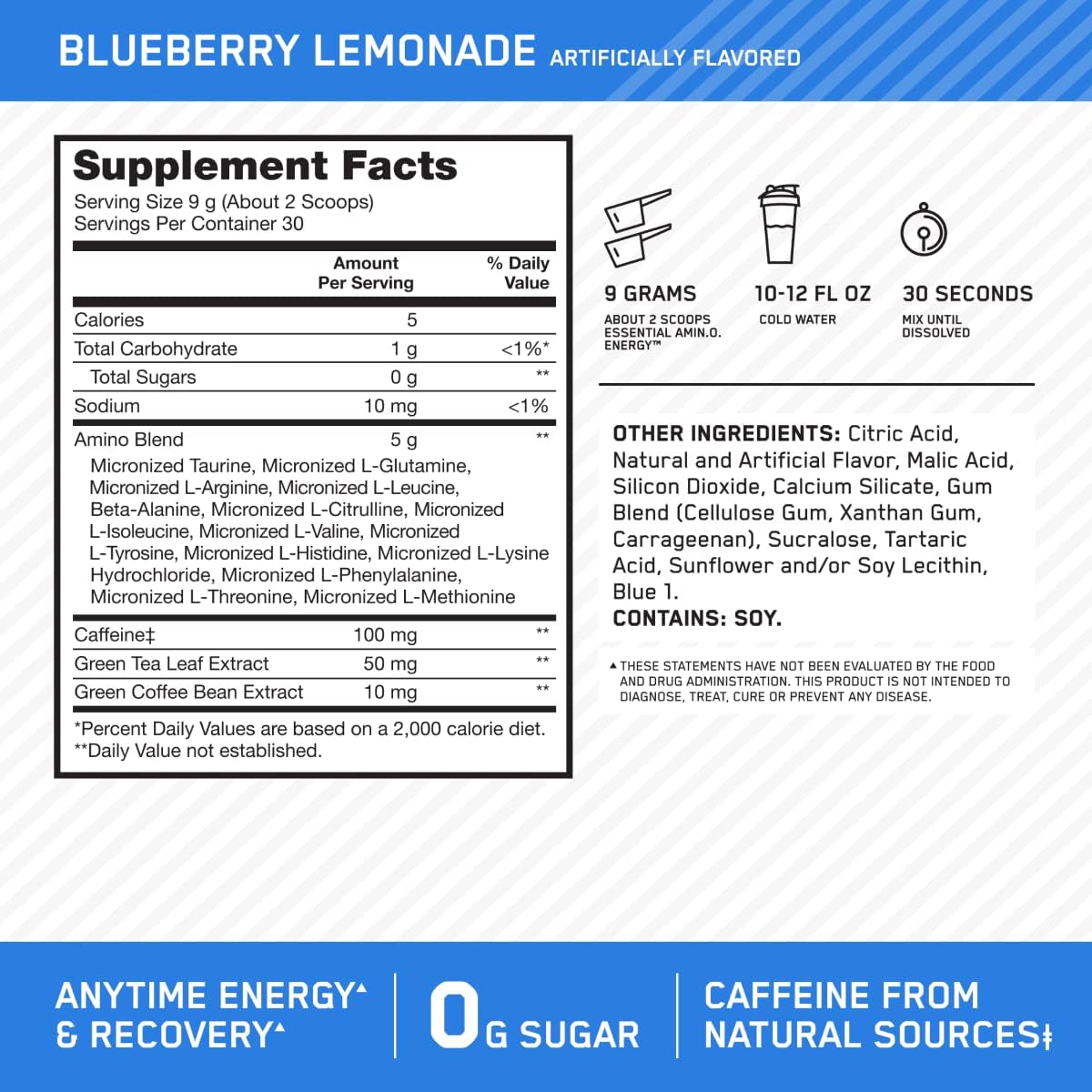 پودر آمینو انرژی و پری‌ورک‌اوت اپتیموم نوتریشن مدل Amino Energy، 30 وعده، طعم لیموناد بلوبری