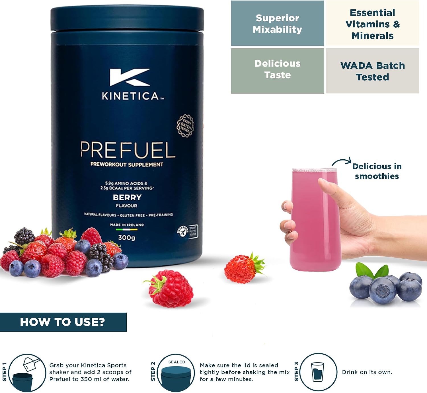 مکمل پری‌ورک‌اوت کینتیکا مدل Prefuel، 300 گرم، 30 وعده، طعم بری