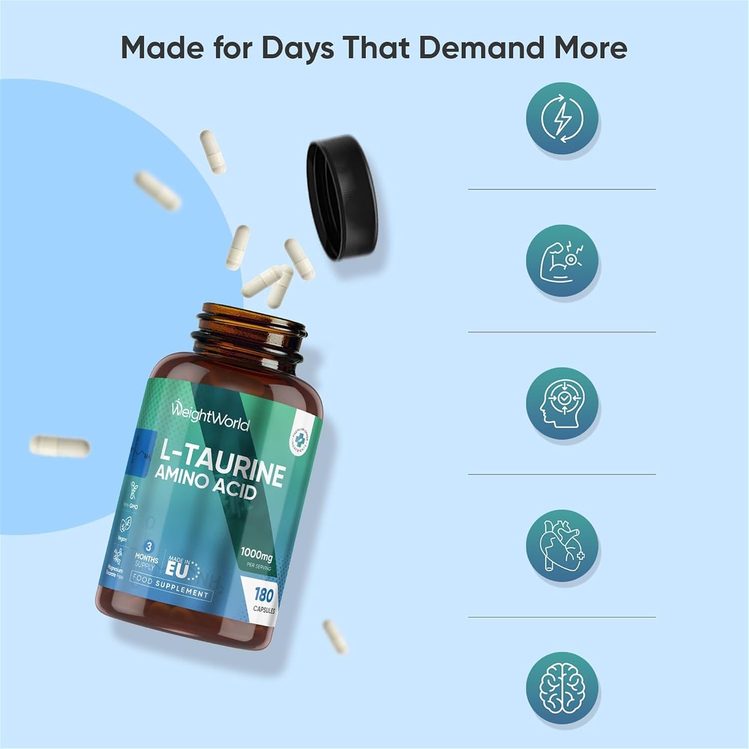 کپسول تائورین WeightWorld، 180 کپسول