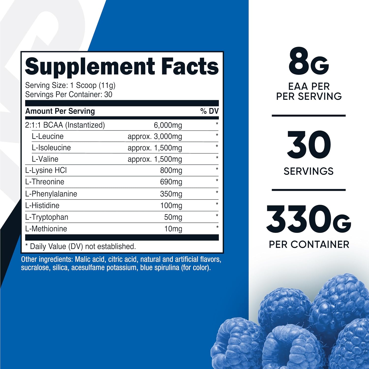 پودر EAA نوتریکاست مدل Essential Amino Acids، 30 وعده، طعم تمشک آبی