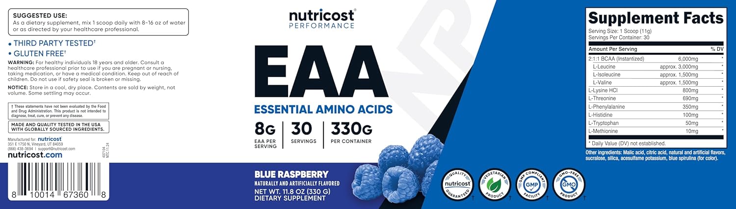 پودر EAA نوتریکاست مدل Essential Amino Acids، 30 وعده، طعم تمشک آبی