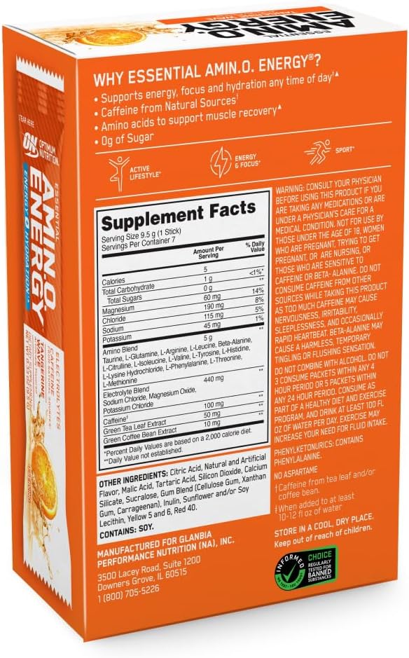 پودر آمینو انرژی و الکترولیت اپتیموم نوتریشن مدل Essential Amino Energy Plus Electrolytes، 7 بسته، طعم نارنگی