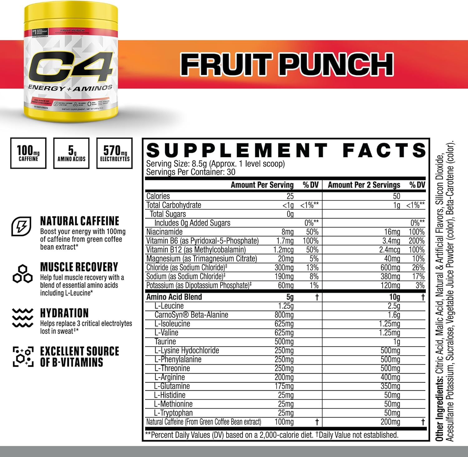 مکمل پری‌ورک‌اوت C4 مدل C4 Energy + Aminos، 30 وعده، طعم پانچ میوه