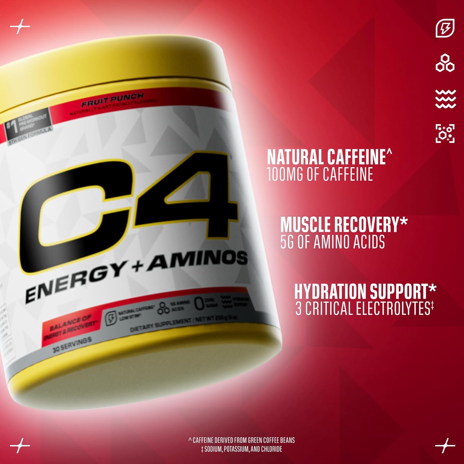 مکمل پری‌ورک‌اوت C4 مدل C4 Energy + Aminos، 30 وعده، طعم پانچ میوه