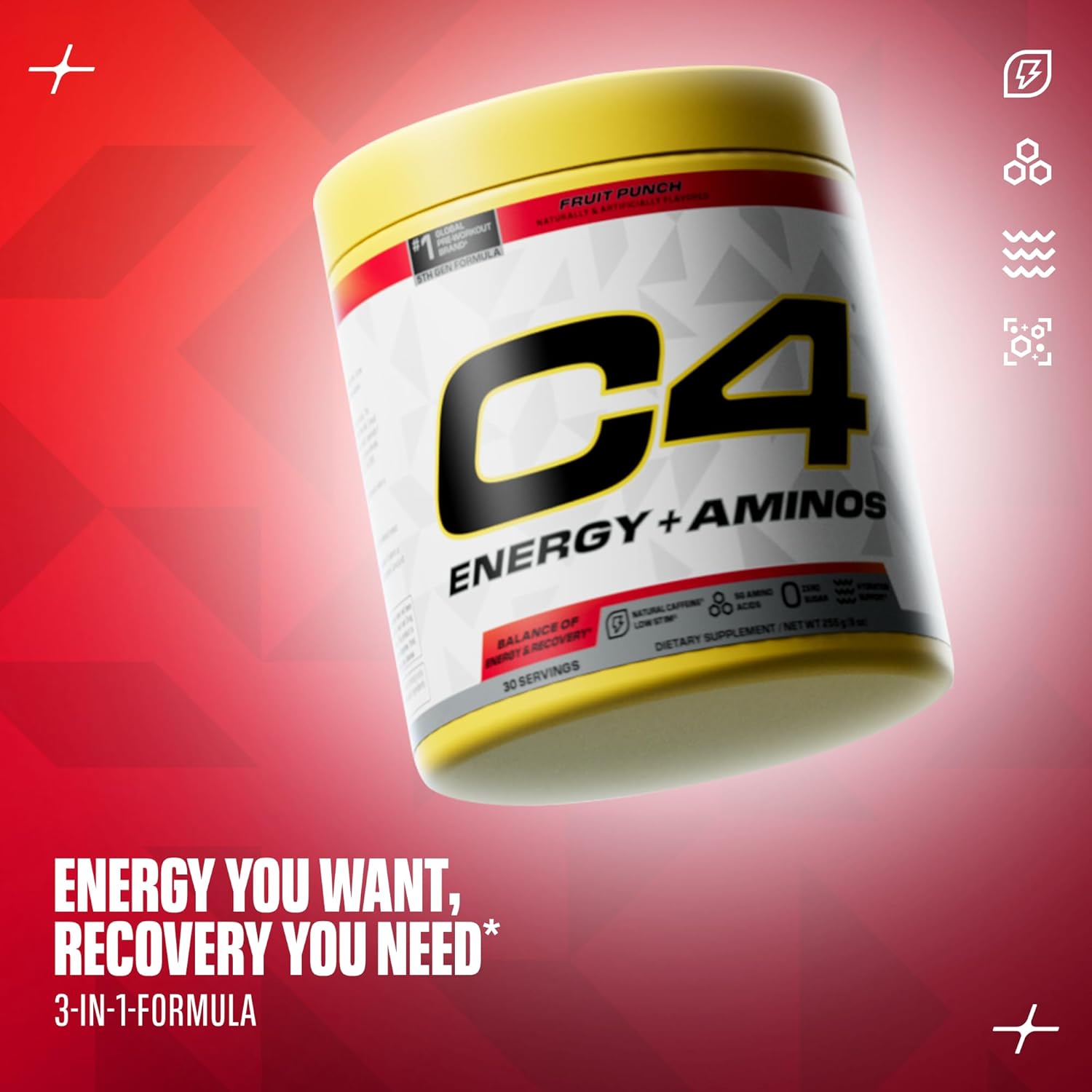 مکمل پری‌ورک‌اوت C4 مدل C4 Energy + Aminos، 30 وعده، طعم پانچ میوه