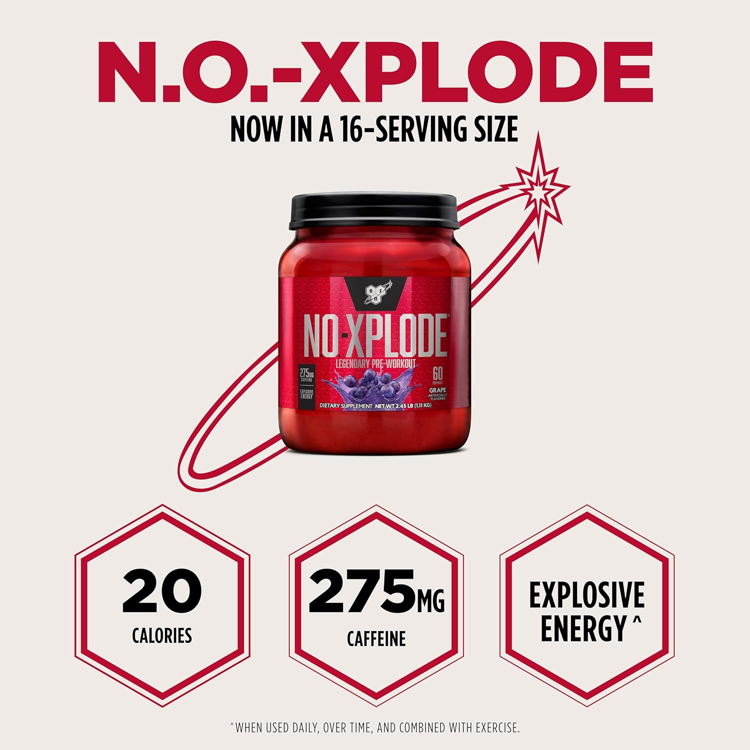 پودر پری‌ورک‌اوت BSN مدل N.O.-XPLODE، 60 سروینگ، طعم انگور