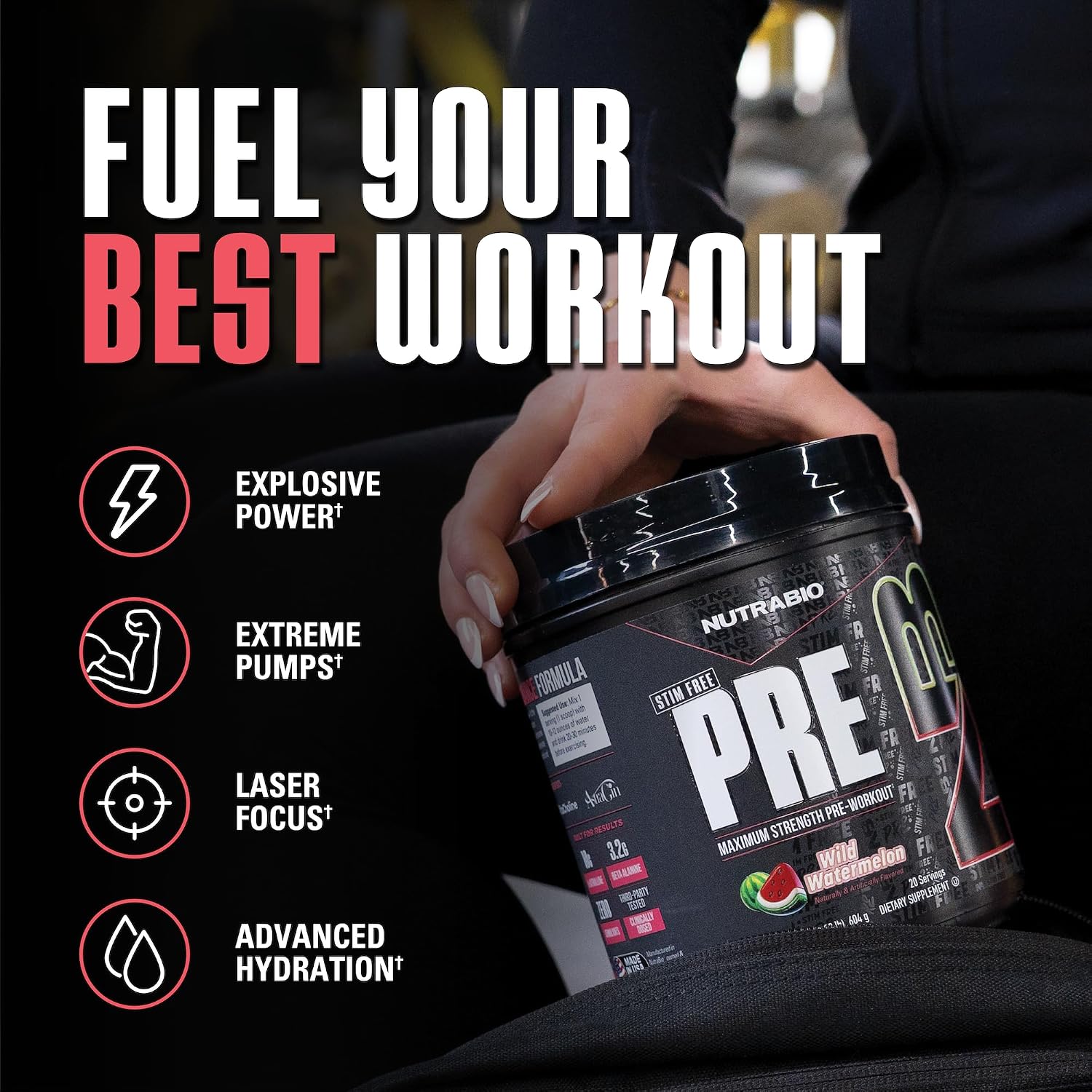 پودر پری‌ورک‌اوت نوترا بایو مدل PRE Stim Free - Caffeine Free، طعم هندوانه