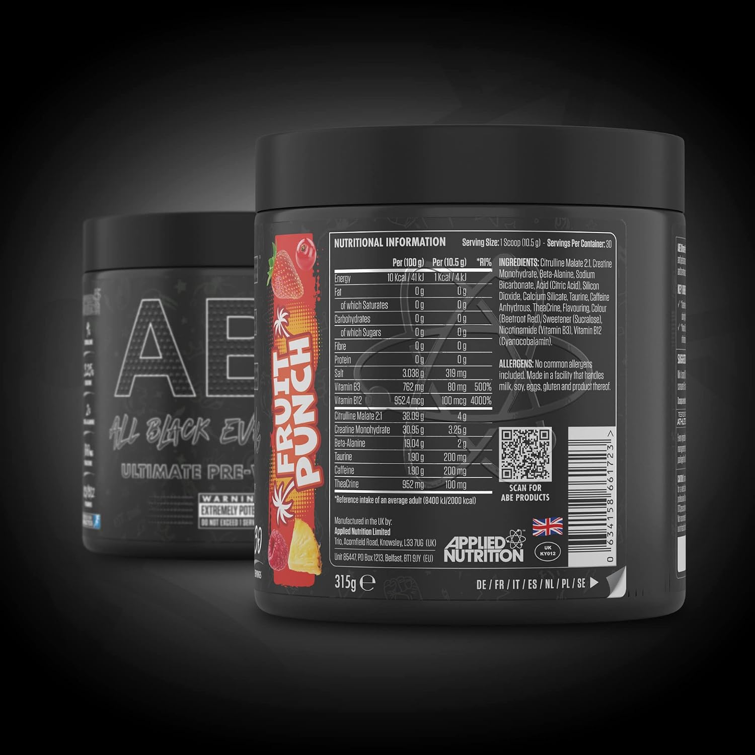 پودر پری‌ورک‌اوت اپلاید نوتریشن مدل ABE All Black Everything، 30 سروینگ، طعم پانچ میوه