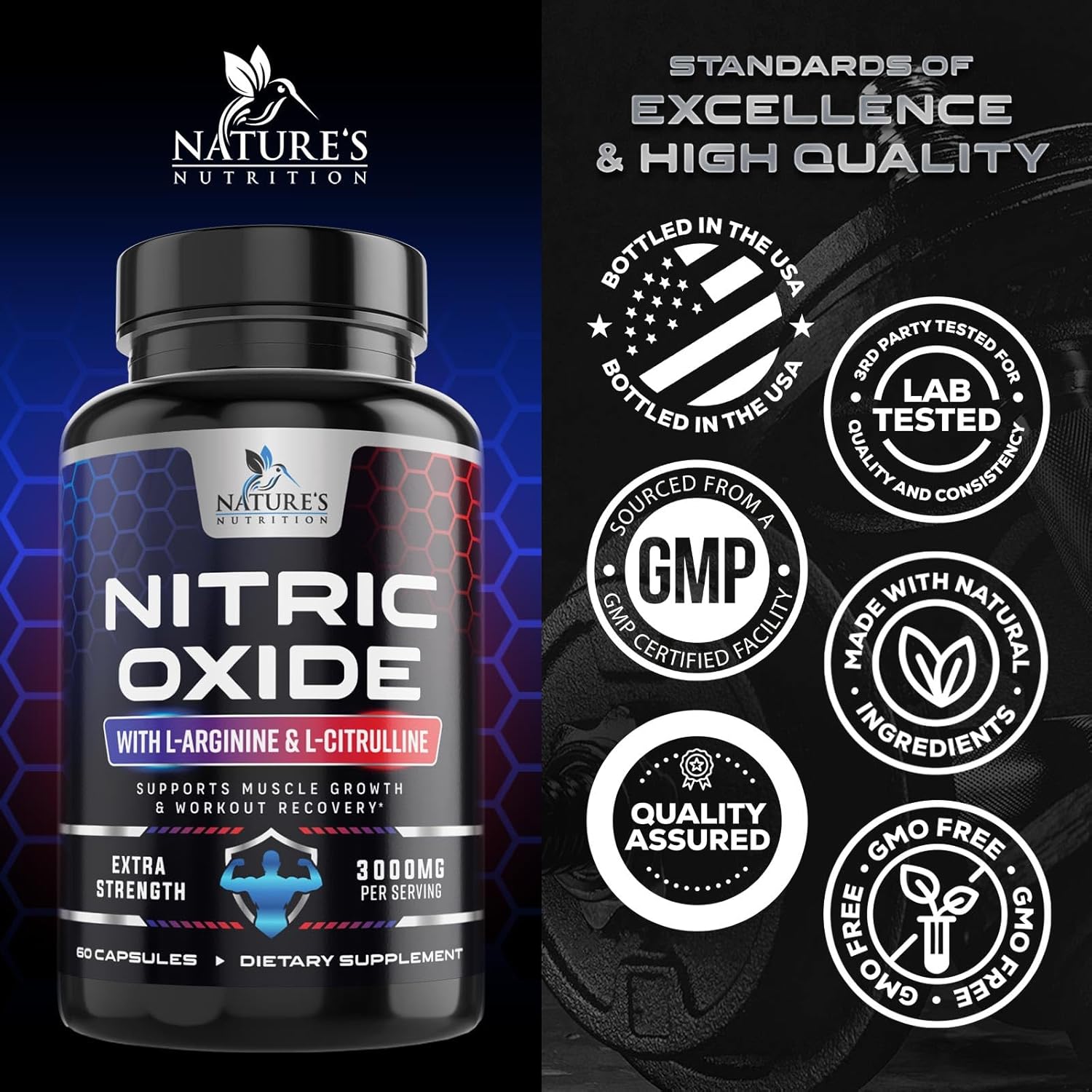 کپسول بتا آلانین Nature's Nutrition مدل Extra Strength Nitric Oxide، 60 کپسول