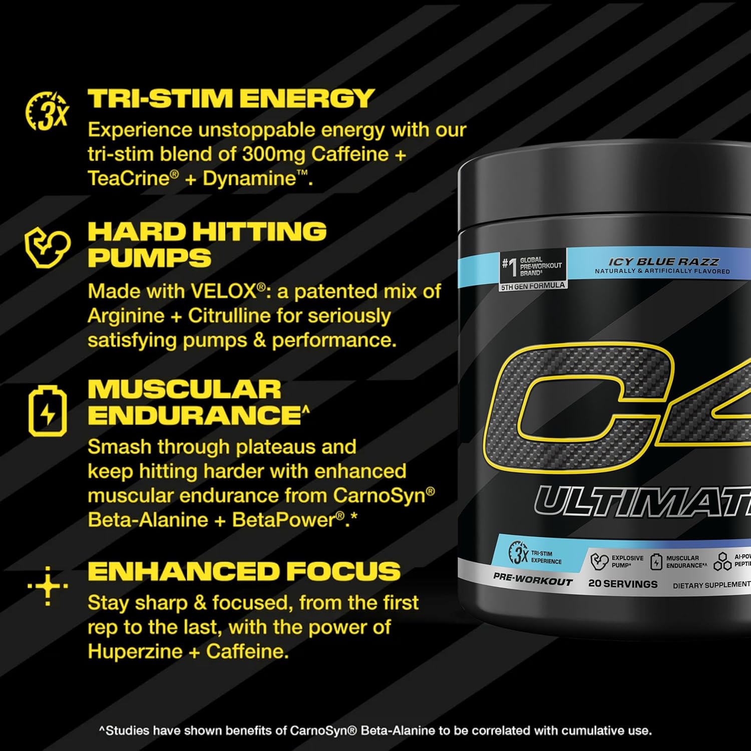 پودر پری‌ورک‌اوت C4 مدل Ultimate، 20 سروینگ، طعم تمشک آبی یخی