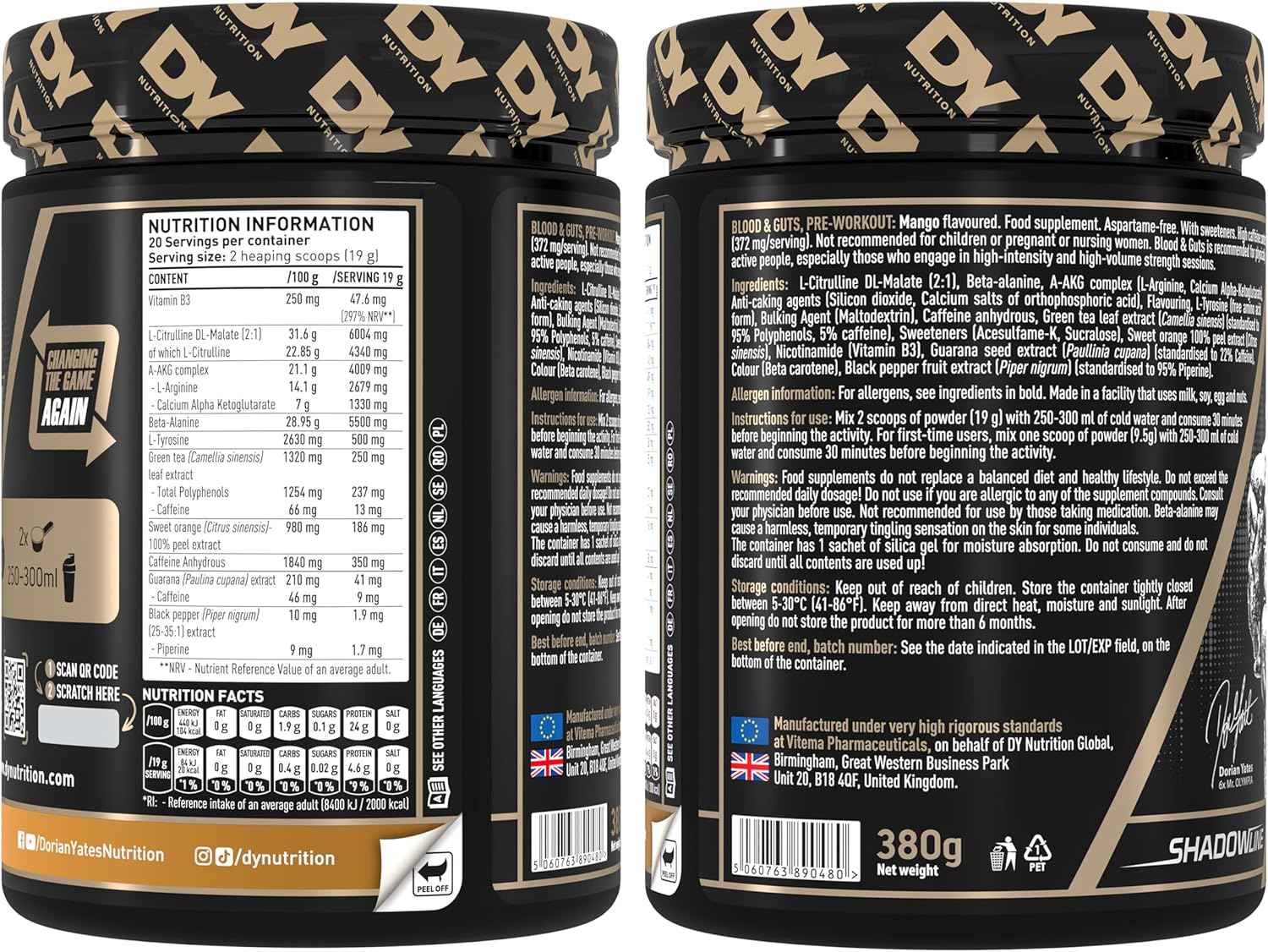 پودر پری‌ورک‌اوت DY Nutrition مدل Blood and Guts، 380 گرم، طعم انبه