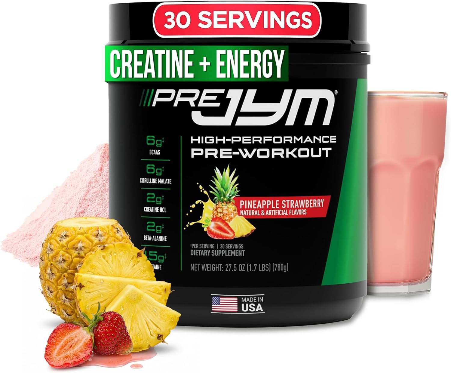 پودر پری‌ورک‌اوت JYM Supplement Science مدل Pre JYM Pineapple Strawberry، 30 سروینگ، طعم توت‌فرنگی