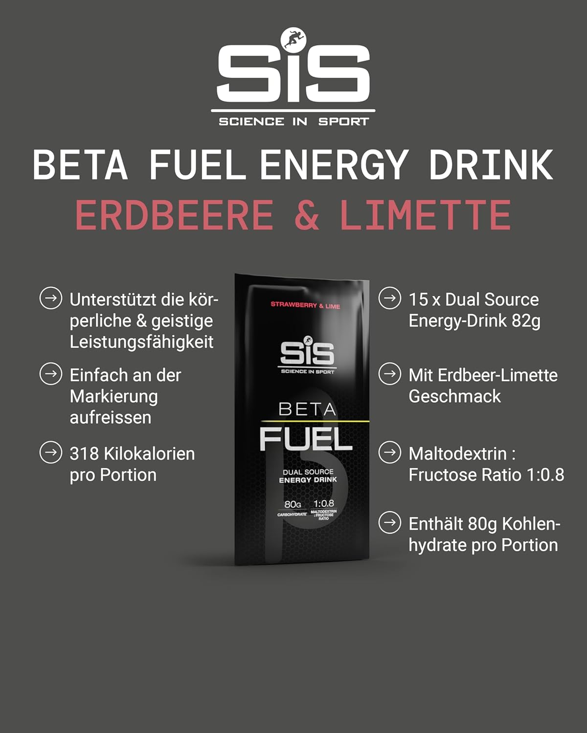 پودر نوشیدنی کربوهیدراتی ساینس این اسپرت مدل Beta Fuel 80، 15 بسته، طعم توت‌فرنگی و لیمو