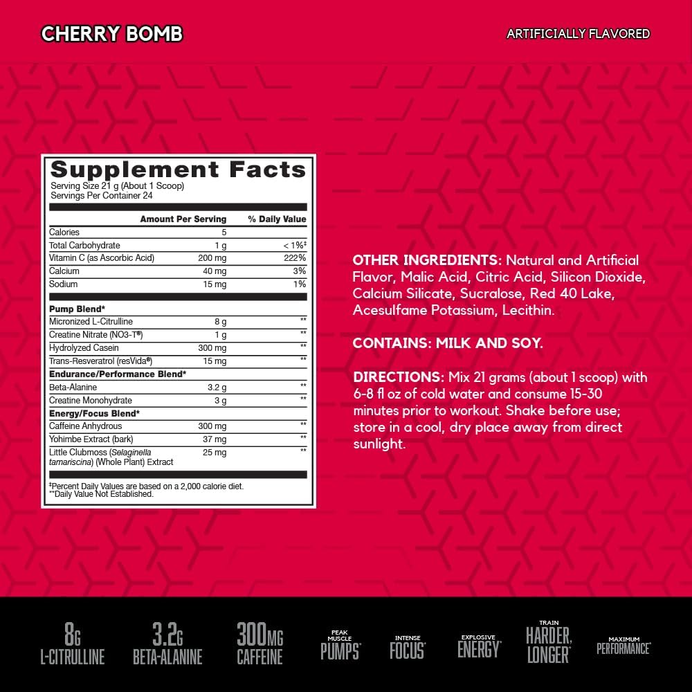 پودر پری‌ورک‌اوت BSN مدل N.O.-XPLODE Vaso، 24 سروینگ، طعم Cherry Bomb