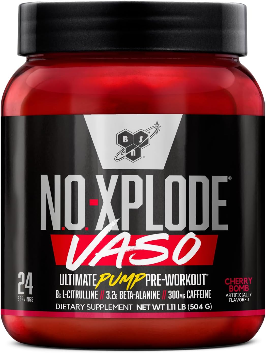 پودر پری‌ورک‌اوت BSN مدل N.O.-XPLODE Vaso، 24 سروینگ، طعم Cherry Bomb