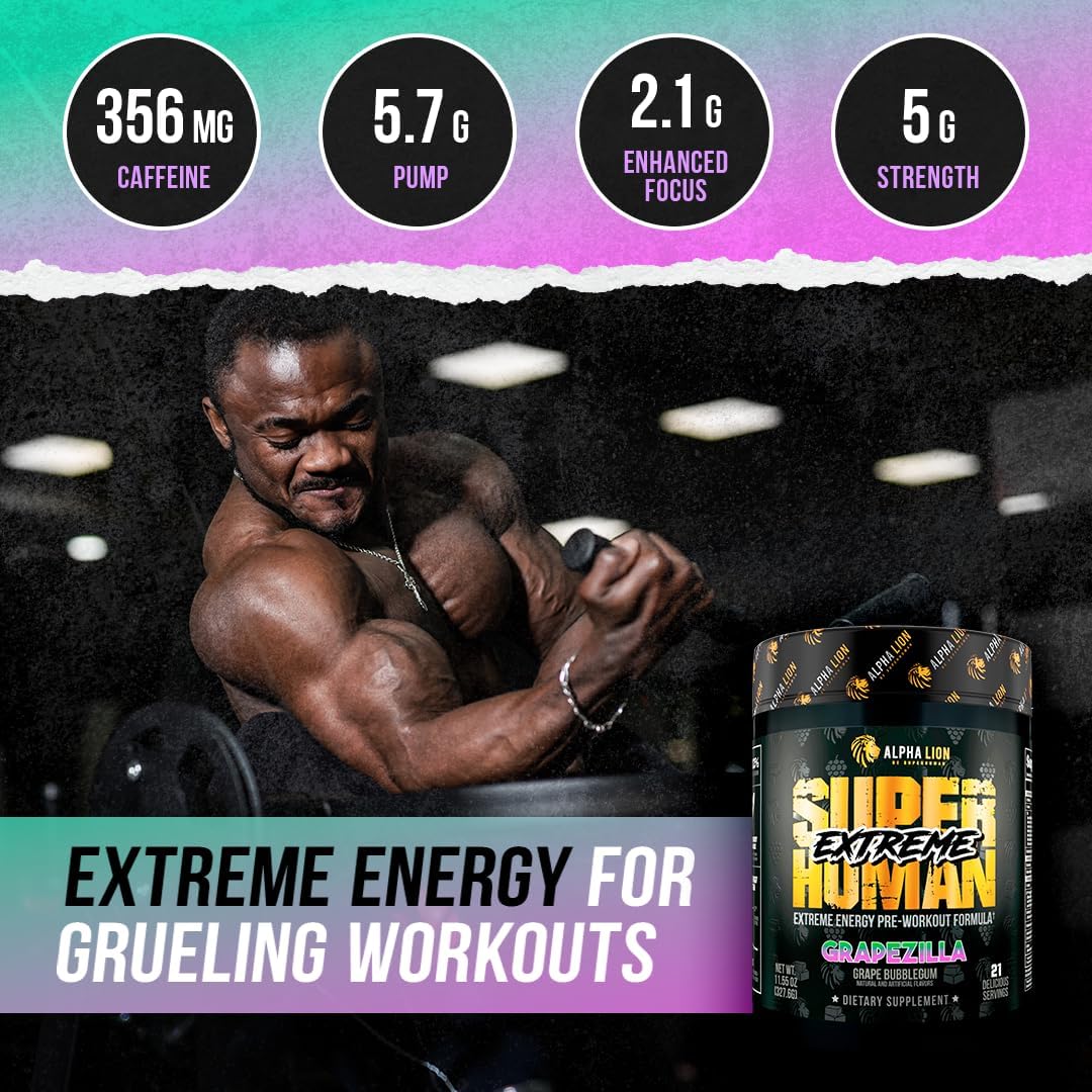 پودر پری‌ورک‌اوت ALPHA LION مدل Superhuman Extreme، 21 سروینگ، طعم انگور