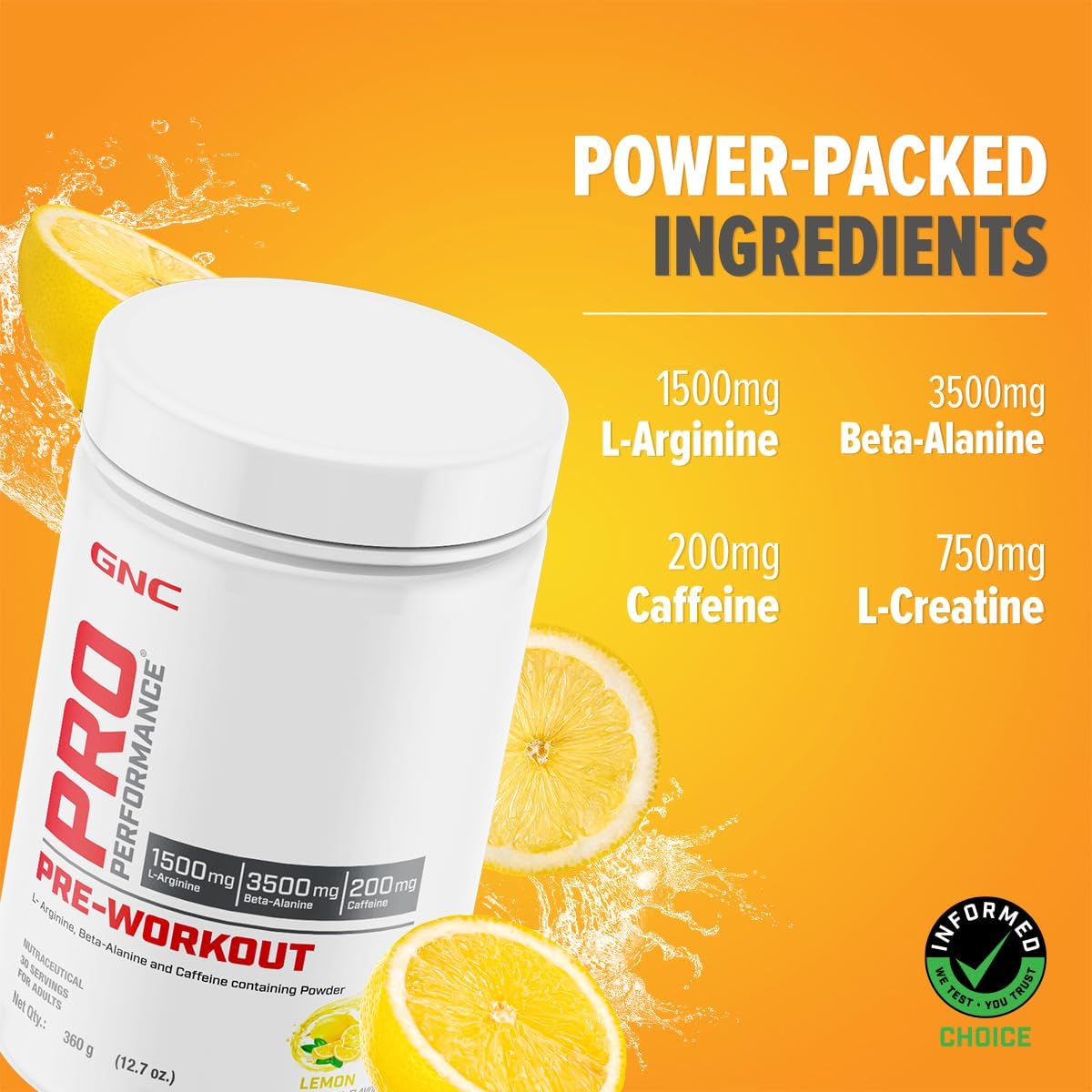 پودر پری‌ورک‌اوت GNC مدل Pro Performance، 360 گرم، 30 سروینگ، طعم لیمو