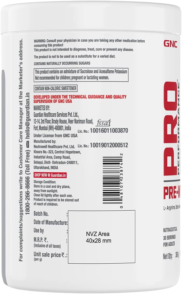 پودر پری‌ورک‌اوت GNC مدل Pro Performance، 360 گرم، 30 سروینگ، طعم لیمو