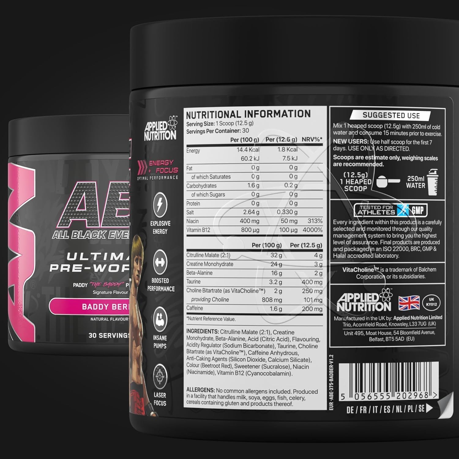 پودر پری‌ورک‌اوت اپلاید نوتریشن مدل ABE All Black Everything، 30 سروینگ، طعم بری