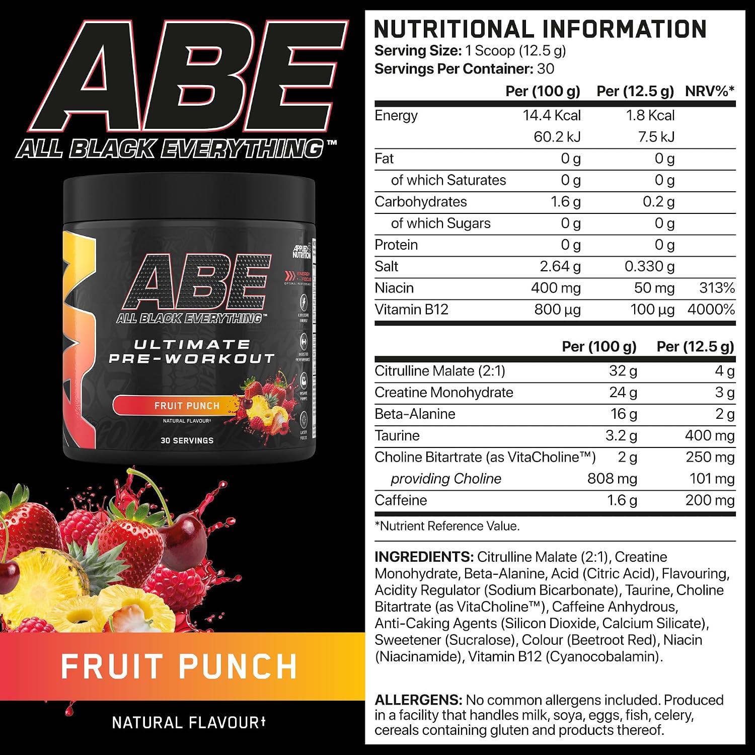 پودر پری‌ورک‌اوت اپلاید نوتریشن مدل Bundle ABE، 315 گرم، طعم پانچ میوه