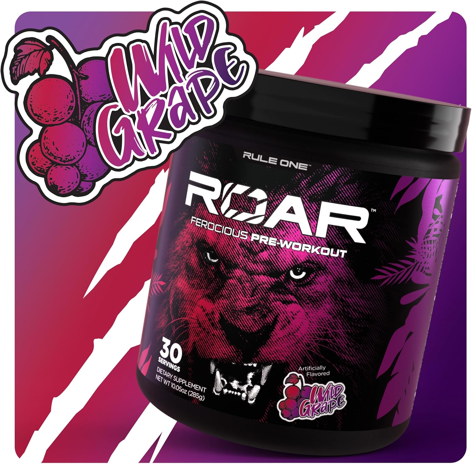 پودر پری‌ورک‌اوت Rule 1 مدل Roar Ferocious، 30 سروینگ، طعم انگور