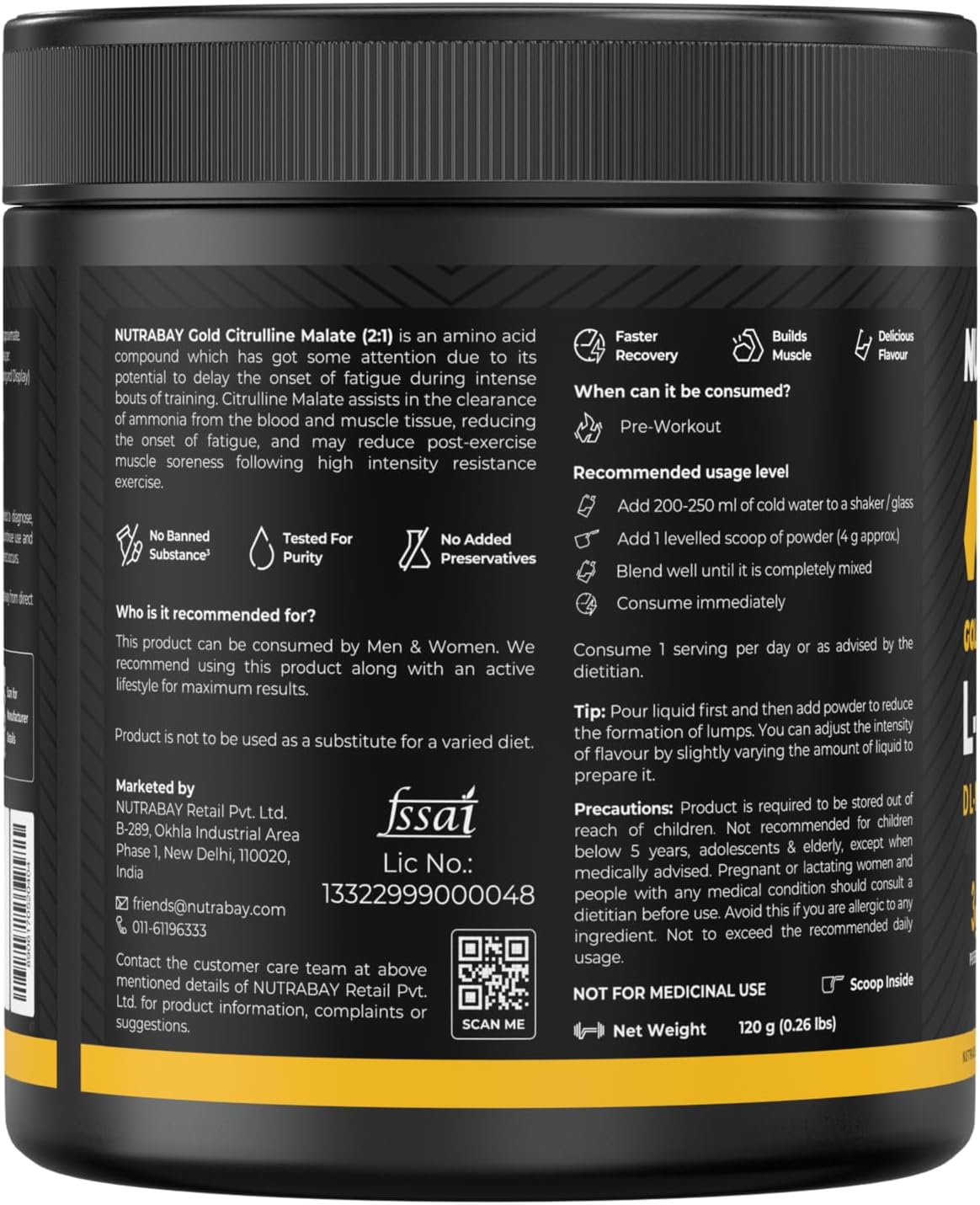 پودر پری‌ورک‌اوت نوتری‌بی مدل Gold Citrulline Malate 2:1، 120 گرم، طعم لیمو