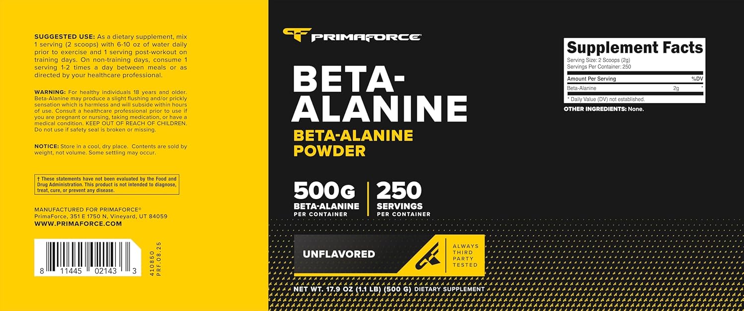 پودر بتا آلانین پریمافورس، 500 گرم، بدون طعم