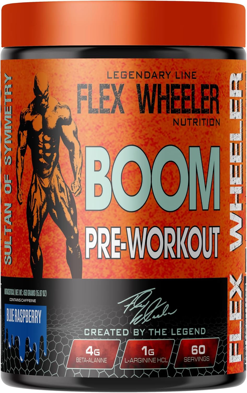 پودر پری‌ورک‌اوت FLEX WHEELER NUTRITION مدل BOOM، 450 گرم، 60 سروینگ، طعم تمشک آبی