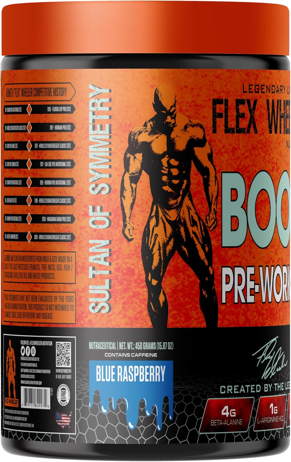 پودر پری‌ورک‌اوت FLEX WHEELER NUTRITION مدل BOOM، 450 گرم، 60 سروینگ، طعم تمشک آبی