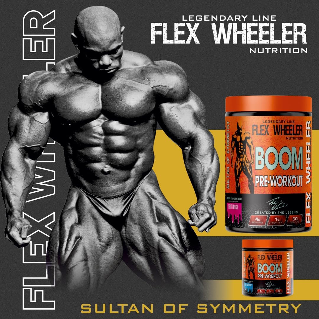 پودر پری‌ورک‌اوت FLEX WHEELER NUTRITION مدل BOOM، 450 گرم، 60 سروینگ، طعم تمشک آبی