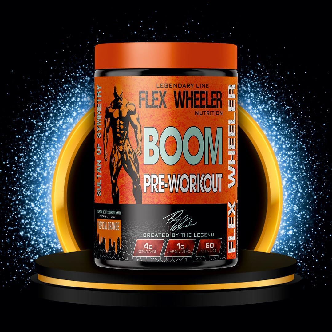 پودر پری‌ورک‌اوت FLEX WHEELER NUTRITION مدل BOOM، 450 گرم، 60 سروینگ، طعم تمشک آبی