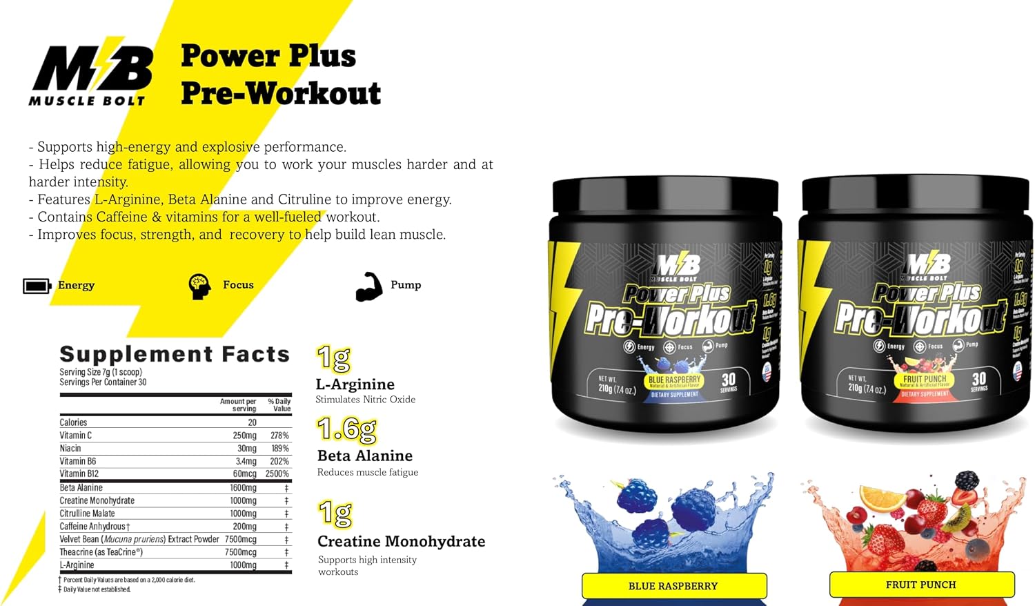 پودر پری‌ورک‌اوت Muscle Bolt مدل Power Plus، 210 گرم، طعم پانچ میوه