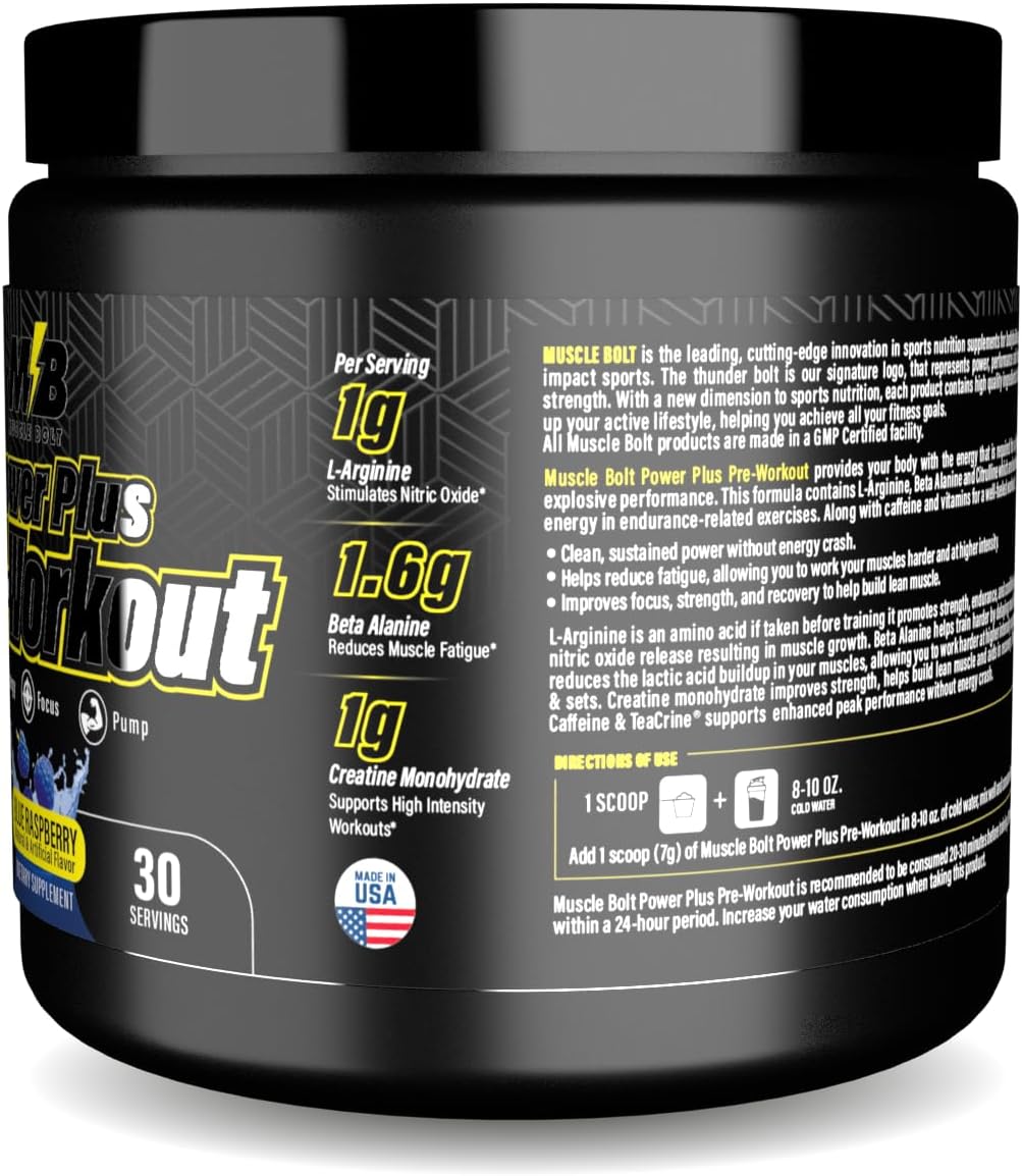 پودر پری‌ورک‌اوت Muscle Bolt مدل Power Plus، 210 گرم، طعم تمشک آبی