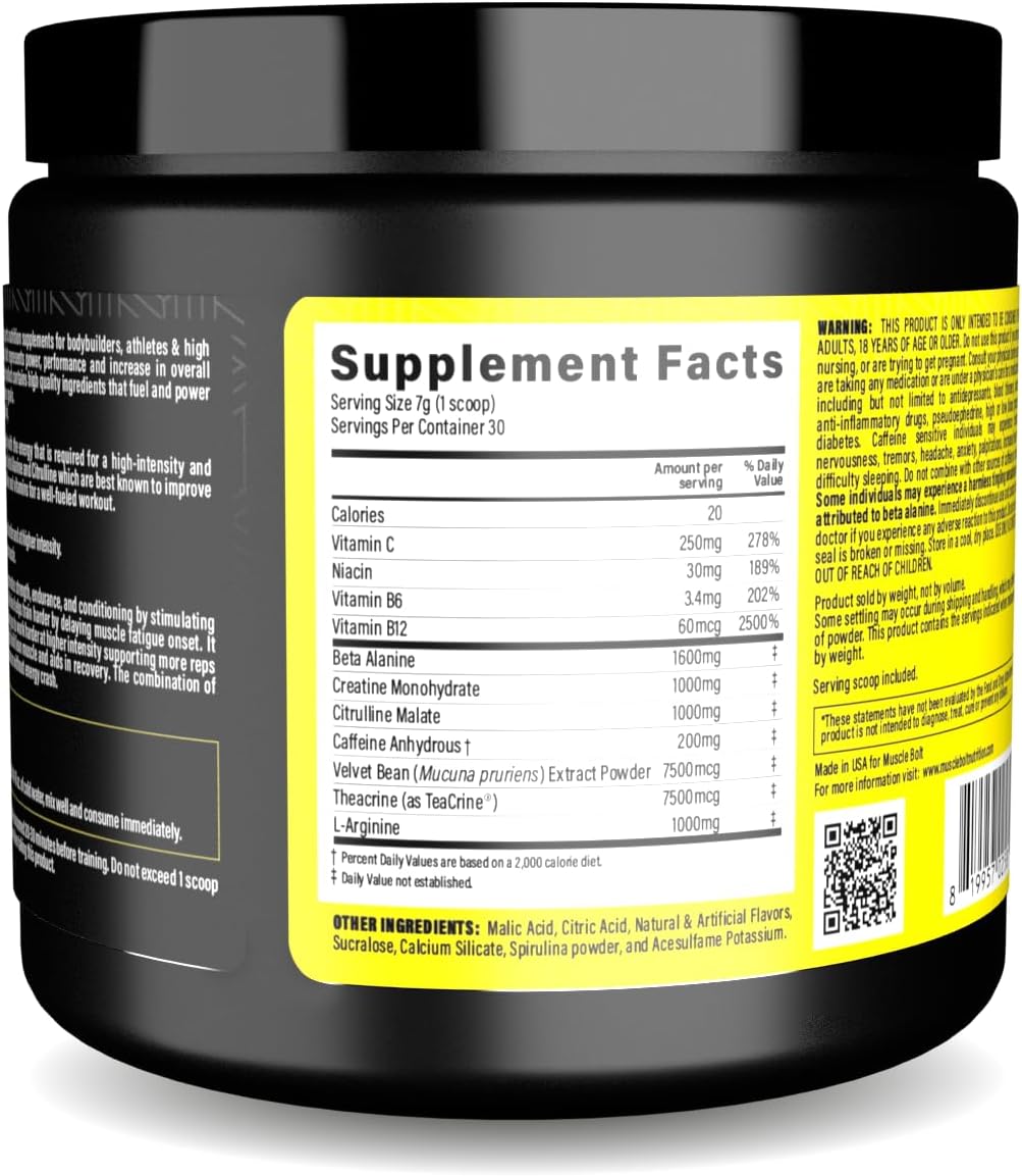 پودر پری‌ورک‌اوت Muscle Bolt مدل Power Plus، 210 گرم، طعم تمشک آبی