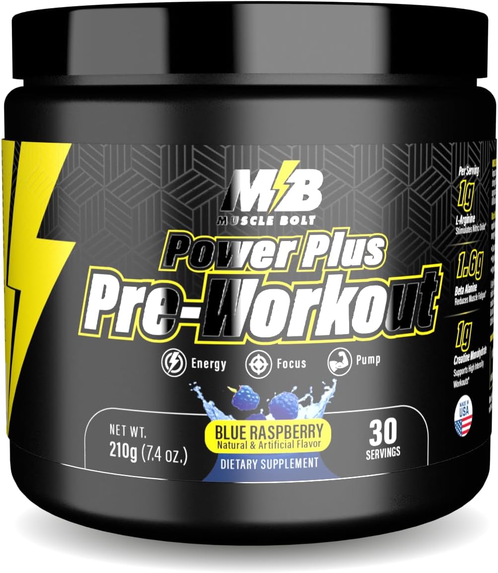 پودر پری‌ورک‌اوت Muscle Bolt مدل Power Plus، 210 گرم، طعم تمشک آبی