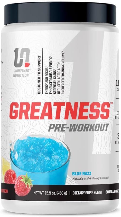 پودر پری‌ورک‌اوت Undefined Nutrition مدل Greatness، 30 سروینگ، طعم تمشک آبی