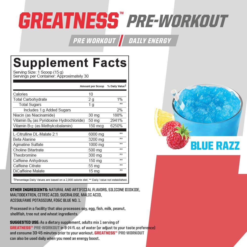 پودر پری‌ورک‌اوت Undefined Nutrition مدل Greatness، 30 سروینگ، طعم تمشک آبی