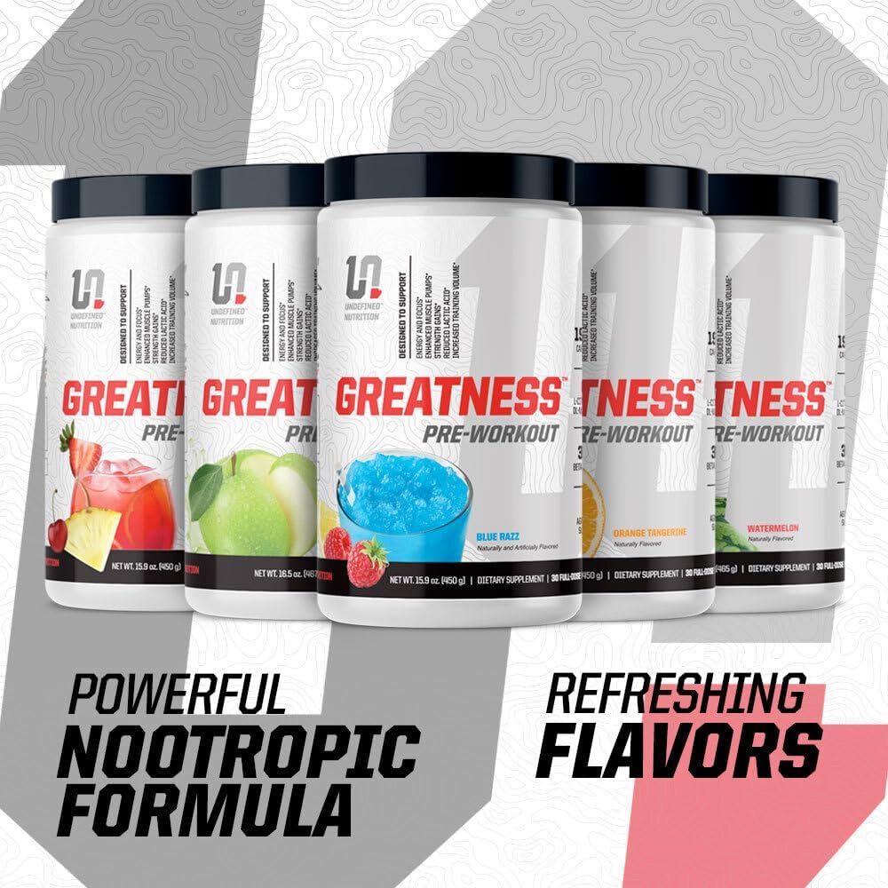 پودر پری‌ورک‌اوت Undefined Nutrition مدل Greatness، 30 سروینگ، طعم تمشک آبی