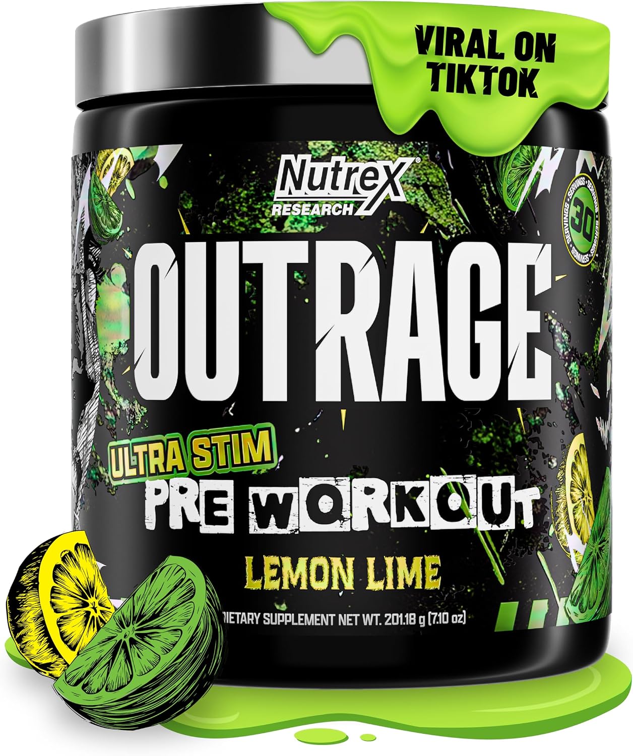 پودر پری‌ورک‌اوت Nutrex Research مدل Outrage Ultra HIGH STIM، 30 سروینگ، طعم لیمو و لیموترش