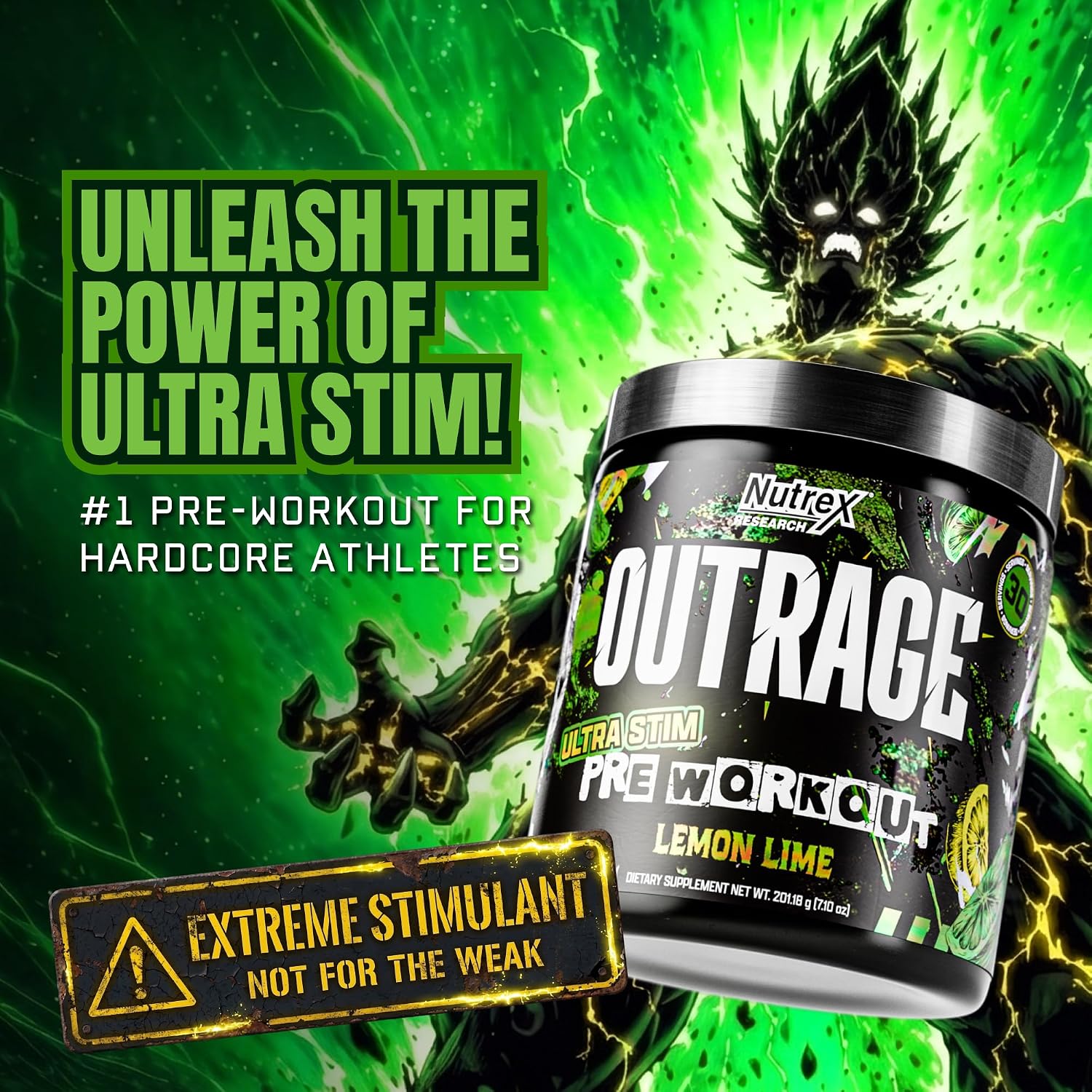 پودر پری‌ورک‌اوت Nutrex Research مدل Outrage Ultra HIGH STIM، 30 سروینگ، طعم لیمو و لیموترش