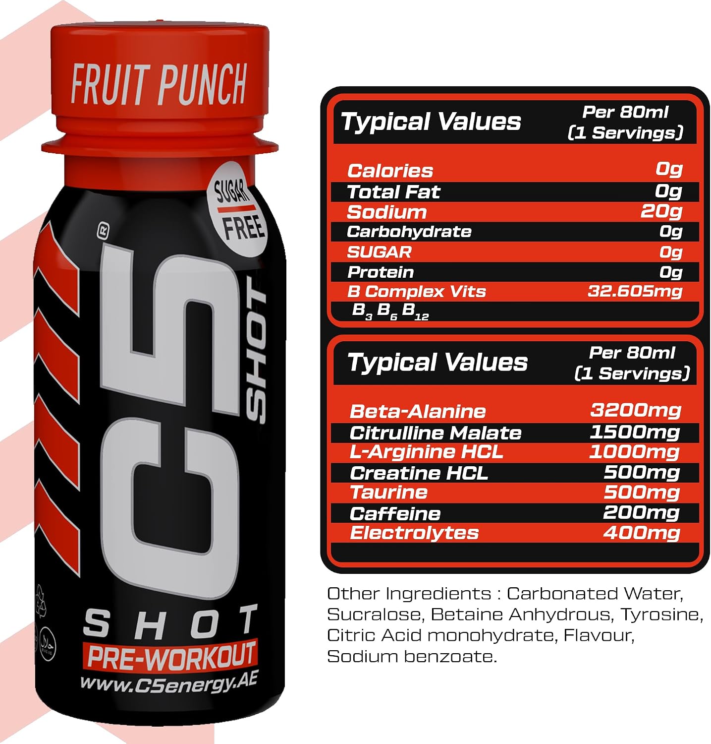نوشیدنی پری‌ورک‌اوت C5 مدل SHOT، 80 میلی‌لیتر، 12 عددی، طعم پانچ میوه