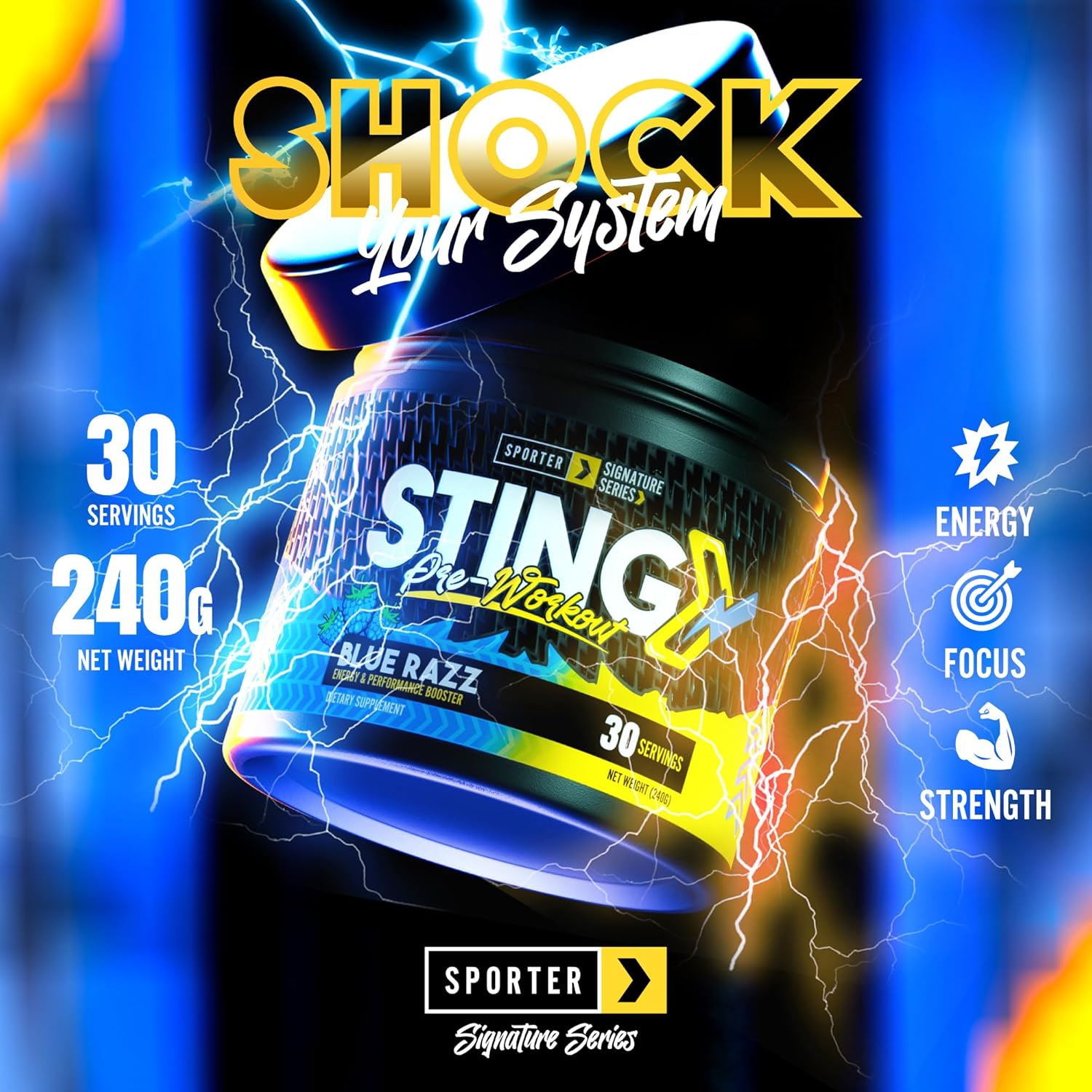 پودر پری‌ورک‌اوت SPORTER مدل Sting، 240 گرم، طعم تمشک آبی